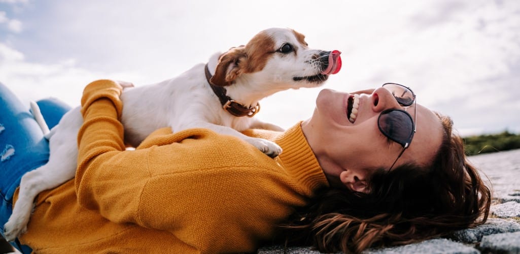 woman laughing while her pet is licking her face
