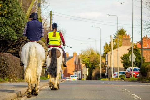 Two horses being ridden on the road