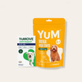 Two YUMOVE pet supplement products shown on a plain light beige background: a yellow stand-up pouch labeled 'YUM MEGA MULTIVITS Adult Dogs' with a dog photo, and a white box labeled 'YUMOVE Joint Support PLUS' with a white dog photo. bullet 1