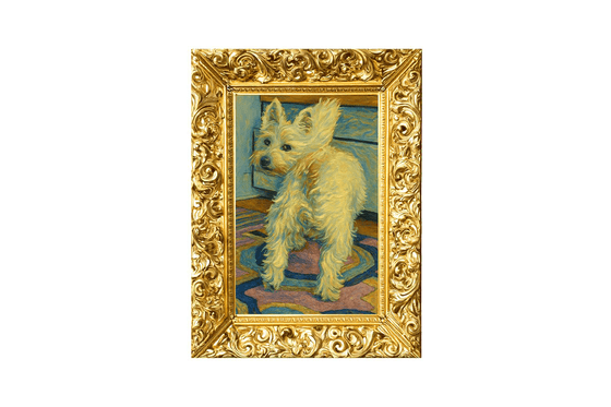 Painting of a dog in a decorative gold frame on a white background