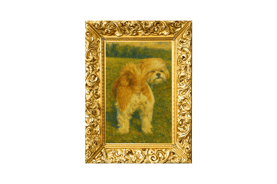 Framed painting of a dog on a white background