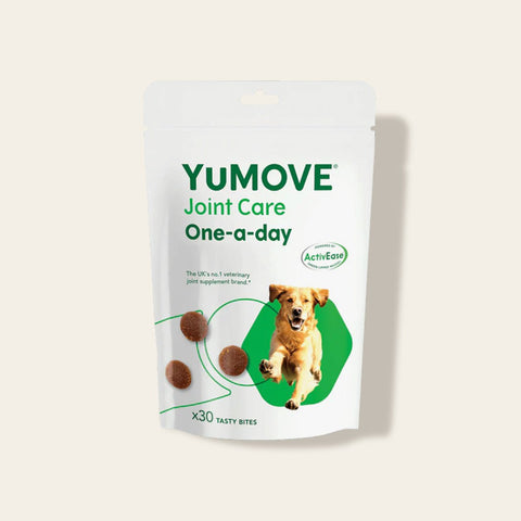 Yumove Joint Care One-a-day package for dogs on a light beige background