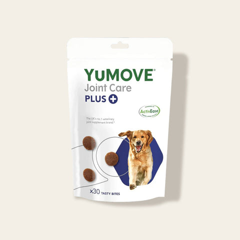 Yumove Joint Care Plus package for dogs on a light beige background